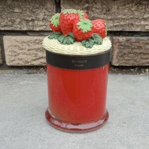 60 Hour Candle in Glass Jar, Decorative Strawberry Ceramic Top, Red & Green